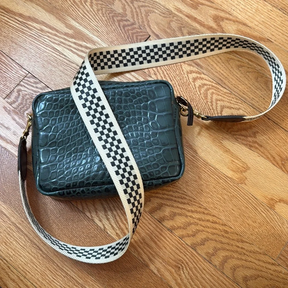 Clare V Loden Croc Midi Sac in Green + Checkered Strap - Picture 8 of 8